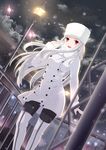  boots fate/zero fate_(series) fur_hat hat irisviel_von_einzbern long_hair open_mouth outdoors pantyhose red_eyes sevendayswar snow solo thigh_boots thighhighs white_footwear white_hair 