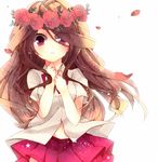  bad_id bad_pixiv_id brown_hair head_wreath inazuma_eleven inazuma_eleven_(series) long_hair monaka_natsume petals pink_eyes raimon_natsumi ribbon school_uniform solo wind 