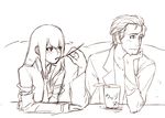  1girl blush chin_rest feeding labcoat long_hair looking_away makise_kurisu masato_(mirai_koubou) okabe_rintarou short_hair simple_background sketch spoon steins;gate white_background 