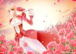  ahoge bad_id bad_pixiv_id blonde_hair breasts cleavage dress dutch_angle epaulettes fate/extra fate_(series) flower green_eyes hair_ribbon knife m-1ng medium_breasts nero_claudius_(fate) nero_claudius_(fate)_(all) panties petals pink_flower pink_rose ribbon rose see-through solo tears toggles underwear 