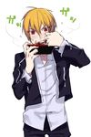  bad_id bad_pixiv_id blonde_hair casual chopsticks eating fate/stay_night fate_(series) gilgamesh male_focus red_eyes rice rururara simple_background solo white_background 