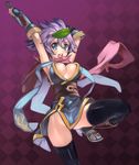  argyle argyle_background arm_guards arms_up bare_shoulders black_legwear blue_eyes breasts cleavage japanese_clothes kunai large_breasts leaf ninja_(ragnarok_online) no_panties obi okishiji_en purple_hair ragnarok_online sandals sash scarf short_hair solo thighhighs weapon 