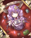  bad_perspective book bow chair crescent crescent_hair_ornament from_above gurasion_(gurasion) hair_bow hair_ornament highres indoors long_hair looking_at_viewer looking_up no_hat no_headwear open_hand patchouli_knowledge perspective petals purple_eyes purple_hair sitting solo touhou very_long_hair 