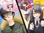  1girl animal_costume animal_ears black_hair blush bow bunny_costume bunny_ears bunny_girl bunnysuit cat_ears chibi closed_eyes fangs game_cg hair_bow long_hair narita_hayato necktie nishimata_aoi ootori_naru oretachi_ni_tsubasa_wa_nai school_uniform short_hair side_ponytail 