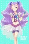 aqua_background bare_legs bike_shorts blue_flower blue_rose character_name circlet dress earrings flower frills gloves jewelry long_hair magical_girl mamii midriff milk_(yes!_precure_5) milky_rose mimino_kurumi navel one_eye_closed precure purple_eyes purple_hair purple_shorts rose shorts shorts_under_skirt smile solo two_side_up yes!_precure_5 yes!_precure_5_gogo! 