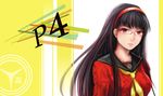  absurdres amagi_yukiko aran_sweater black_eyes black_hair glasses hairband highres long_hair moekyon over-rim_eyewear persona persona_4 red-framed_eyewear school_uniform semi-rimless_eyewear solo sweater 