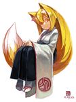  animal_ears black_hakama blonde_hair breasts fox_ears fox_girl fox_tail full_body hakama hands_on_own_thighs japanese_clothes kitsune_(kazenouta) long_hair long_sleeves looking_at_viewer orange_eyes original sandals simple_background sitting smile solo tabi tail very_long_hair white_background wide_sleeves 