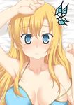  armpits bad_id bad_pixiv_id bare_shoulders bikini blonde_hair blue_bikini blue_eyes boku_wa_tomodachi_ga_sukunai breasts butterfly_hair_ornament collarbone frown hair_ornament highres kashiwazaki_sena large_breasts long_hair nitoro-star solo strap_slip swimsuit tears 