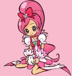  bird boots bow choker cure_blossom earrings full_body hair_bow hanasaki_tsubomi heartcatch_precure! jewelry knee_boots long_hair magical_girl magmaxashi pink pink_background pink_bow pink_choker pink_hair ponytail precure red_eyes simple_background sitting smile solo wariza 