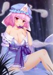  absurdres bamboo bare_legs bare_shoulders blush breasts cleavage closed_fan collarbone fan folding_fan hat highres hitodama large_breasts no_panties off_shoulder pink_hair red_eyes saigyouji_yuyuko short_hair solo touhou water wolflong 