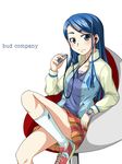  blue_eyes blue_hair casual chair digital_media_player jacket knee_up kneehighs long_hair matsushima_kei minazuki_karen plaid plaid_skirt precure shoes sitting skirt smile sneakers solo white_legwear 