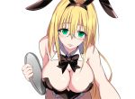  1girl animal_ears bare_arms bare_shoulders blonde_hair blush bow bowtie breasts bunny_ears bunny_girl bunnysuit cleavage closed_mouth facing_viewer fake_animal_ears game_cg glasses green_eyes hair_between_eyes highres holding large_breasts leaning_forward long_hair looking_at_viewer nuko_majin simple_background smile solo tearju_lunatique to_love-ru to_love-ru_darkness tray upper_body 