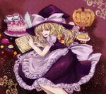  :q apron blonde_hair book cake candy chocolate colored_eyelashes cup flower food frilled_skirt frills halloween hat hose_beniko jack-o'-lantern kirisame_marisa lollipop long_skirt lying puffy_sleeves pumpkin red_flower red_rose rose short_sleeves skirt solo star sweets tea teacup teapot tongue tongue_out touhou traditional_media witch witch_hat 