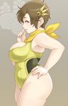  armpits ass bad_id bad_pixiv_id bare_legs breasts brown_eyes brown_hair curvy hair_ornament hand_on_hip large_breasts leotard lips maou_alba nene_(sengoku_musou) plump sengoku_musou sengoku_musou_3 short_hair sleeveless smile solo thick_thighs thighs yellow_leotard 