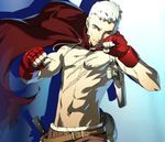  bandaid cape evoker fighting_stance fingerless_gloves gloves holster knife lowres male_focus official_art persona persona_3 persona_4:_the_ultimate_in_mayonaka_arena sanada_akihiko scar shirtless soejima_shigenori solo white_hair 