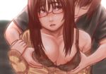  1girl areolae blush bra breast_grab breasts brown_hair cleavage collarbone couple glasses grabbing hetero kamisuki large_breasts lingerie long_hair off_shoulder original purple_eyes sweater underwear 