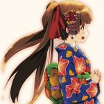  brown_eyes brown_hair character_request copyright_request errant flower hair_flower hair_ornament hair_ribbon hands_together japanese_clothes kimono long_hair obi open_mouth own_hands_together ponytail profile ribbon sash simple_background smile solo 