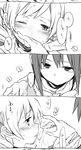  3koma akemi_homura blush comic greyscale hands kutsuwada_on mahou_shoujo_madoka_magica monochrome multiple_girls one_eye_closed saliva sucking tomoe_mami yuri 