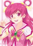  brooch bug butterfly colored_eyelashes cure_dream earrings flower hair_rings insect jewelry long_hair magical_girl makina pink pink_eyes pink_flower pink_hair pink_rose precure rose smile solo v yes!_precure_5 yumehara_nozomi 