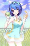  :3 artist_request ball bangs blue_hair breasts day hairband lowres medium_breasts one_eye_closed purple_eyes ribbon short_hair sky smile solo sport sportswear striped sword_girls tennis_ball tennis_uniform wristband 