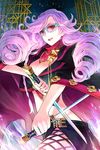  belt braid breasts cape cleavage drill_hair glasses gs_2nd_star hakou_(barasensou) hexagram jacket large_breasts lowres purple_eyes purple_hair scarf skirt solo sword sword_girls twin_drills twintails weapon 