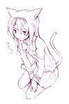  akemi_homura animal_ears blush cat_ears cat_tail hairband kutsuwada_on mahou_shoujo_madoka_magica monochrome school_uniform simple_background sitting solo tail wariza 