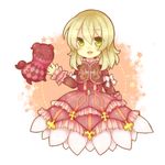  &gt;_&lt; blonde_hair bow closed_eyes creature cropped_jacket dress elize_lutus frills green_eyes jewelry pendant ribbon short_hair smile suzuna_(mark_of_luck) tales_of_(series) tales_of_xillia teepo_(tales) 