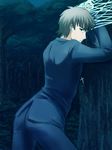  against_tree ass bound brown_hair command_spell cross fate/zero fate_(series) kotomine_kirei male_focus solo tied_up tree ude 