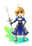  ahoge armor armored_dress artoria_pendragon_(all) blonde_hair caliburn chibi dress fate/stay_night fate_(series) gauntlets green_eyes hair_ribbon hand_on_hip highres huazha01 ribbon saber simple_background solo sword weapon 