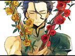  armor black_hair closed_eyes fate/zero fate_(series) flower gae_buidhe gae_dearg lancer_(fate/zero) male_focus mole mole_under_eye mooche polearm red_flower red_rose rose solo spear weapon yellow_flower yellow_rose 