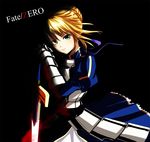  ao_(korindou) armor armored_dress artoria_pendragon_(all) black blonde_hair copyright_name dark dress excalibur fate/zero fate_(series) faulds gauntlets green_eyes hair_ribbon ribbon saber solo sword weapon 