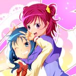  blue_eyes blue_hair bow grin happy heartcatch_precure! highres hug hug_from_behind image_sample keito_(kandnext) kurumi_erika long_hair md5_mismatch multiple_girls one_eye_closed pink_hair pixiv_sample precure purple_eyes ribbon short_hair short_twintails smile twintails two_side_up v yes!_precure_5 yumehara_nozomi 