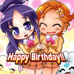  ^_^ bad_id bad_pixiv_id choppy closed_eyes creature flappy futari_wa_precure_splash_star hair_bun hair_ornament hairclip hyuuga_saki long_hair mishou_mai multiple_girls necktie nekoyuu orange_hair precure purple_eyes purple_hair school_uniform short_hair skirt smile 