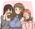  breasts brown_hair fake_facial_hair fake_mustache hakuduki18 highres houjou_karen idolmaster idolmaster_cinderella_girls kamiya_nao large_breasts laughing light_brown_hair long_hair medium_breasts playing_with_another&#039;s_hair purple_eyes shibuya_rin sketch small_breasts smile sweater thick_eyebrows triad_primus turtleneck turtleneck_sweater 