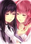  akemi_homura black_hair blush choker closed_eyes closed_mouth face gloves hairband hands kaname_madoka light_smile long_hair magical_girl mahou_shoujo_madoka_magica multiple_girls pink_hair smile touching white_gloves yukihomu yuri 