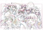  6+girls :d ahoge ayase_yue bad_id bad_pixiv_id bangs bell blunt_bangs book color_trace colored_pencil_(medium) evangeline_a_k_mcdowell glasses hair_over_one_eye hands_together highres kagurazaka_asuna karakuri_chachamaru kiyukiyutan konoe_konoka long_hair mahou_sensei_negima! miyazaki_nodoka monochrome multiple_girls negi_springfield open_mouth production_art sakurazaki_setsuna sasaki_makie side_ponytail smile traditional_media twintails yukihiro_ayaka 