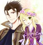  1girl alvin_(tales) bad_id bad_pixiv_id blonde_hair brown_eyes brown_hair couple cravat cropped_jacket elize_lutus flower green_eyes hetero long_hair one_eye_closed smile tales_of_(series) tales_of_xillia uehara_yukine wreath 