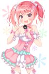  1girl :d absurdres bang_dream! bangs blush bow bowtie choker cowboy_shot detached_sleeves dress frilled_dress frilled_sleeves frills hair_ribbon highres holding holding_microphone looking_at_viewer maruyama_aya microphone open_mouth pink_bow pink_choker pink_eyes pink_hair pink_neckwear pointing pointing_at_self ribbon short_sleeves sidelocks smile solo thighhighs twintails white_legwear white_ribbon wrist_bow yuuki_beni 