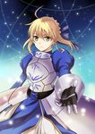  ahoge armor armored_dress artoria_pendragon_(all) blonde_hair dress fate/stay_night fate/zero fate_(series) faulds gauntlets green_eyes hair_ribbon harimoji looking_at_viewer magic outstretched_hand ribbon saber smile solo 