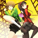  amagi_yukiko bad_id bad_pixiv_id bike_shorts black_eyes black_hair black_legwear bob_cut brown_eyes brown_hair fan from_behind glasses green_shirt hairband jacket kujou_ichiso legs long_hair long_legs looking_back motion_blur multiple_girls open_mouth pantyhose persona persona_4 red-framed_eyewear sailor_collar satonaka_chie school_uniform shirt short_hair skirt socks sweater white_legwear yellow-framed_eyewear 