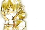  blonde_hair blush closed_eyes covering_face crying drill_hair face kutsuwada_on mahou_shoujo_madoka_magica school_uniform simple_background solo tears tomoe_mami white_background yellow 