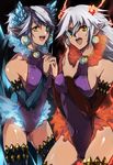  :d bad_id bad_pixiv_id cardfight!!_vanguard crimson_beast_tamer detached_sleeves earrings fire flame heterochromia holding_hands ice jewelry leotard multiple_girls open_mouth pointy_ears purple_leotard ren_(pixiv) siblings sisters smile thighhighs turquoise_beast_tamer twins 