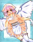  :d alternate_costume animal_ears apron bad_id bad_pixiv_id doily dutch_angle frills gloves hand_on_own_chest head_scarf marker_(medium) millipen_(medium) mitsuba_(threeleaf) mystia_lorelei open_mouth pastel_(medium) pink_hair short_hair smile solo thighhighs touhou traditional_media white_gloves white_legwear wide_sleeves wings zettai_ryouiki 