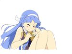  ^_^ bad_id bad_pixiv_id blue_hair blush closed_eyes food hair_ribbon kannagi kiyukiyutan long_hair nagi ribbon sitting sleeveless smile solo taiyaki wagashi 