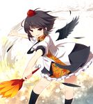  black_hair black_legwear black_wings blueberry_(5959) breasts detached_wings fan feathers hat highres looking_at_viewer necktie open_mouth pose red_eyes shameimaru_aya shirt short_hair sidelocks skirt small_breasts smile solo tokin_hat touhou wings 