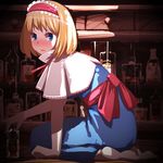  alcohol alice_margatroid bad_id bad_pixiv_id blonde_hair blue_dress blue_eyes blush bottle capelet dress hairband highres kasuteru open_mouth shelf short_hair sitting solo sweatdrop touhou whiskey 