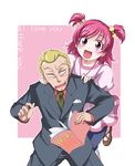  1girl :d blonde_hair blush book bunbee_(yes!_precure_5) formal happy matsushima_kei necktie open_mouth pants pink_background pink_hair precure purple_eyes short_hair short_twintails skirt smile suit twintails two_side_up yes!_precure_5 yumehara_nozomi 