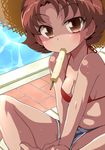  bare_legs bikini_top breasts brown_eyes brown_hair cleavage food food_in_mouth hat lingerie matsushima_kei mouth_hold natsuki_rin pool popsicle precure sexually_suggestive short_hair shorts sideboob small_breasts solo strap_gap straw_hat summer sweat underwear yes!_precure_5 