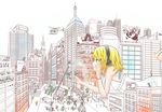  6+girls aircraft aqua_eyes aqua_hair blonde_hair blue_eyes city cityscape clone giantess ground_vehicle hair_ornament hair_ribbon hairclip hatsune_miku headphones headset helicopter highres kagamine_len kagamine_rin megurine_luka military military_vehicle motor_vehicle multiple_boys multiple_girls ribbon road short_hair solo_focus street sweeter_(h110111) tank vocaloid 