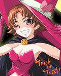  adjusting_clothes adjusting_hat breasts brown_eyes brown_hair cape earrings gloves grin halloween hat jack-o'-lantern jewelry matsushima_kei medium_breasts natsuki_rin one_eye_closed precure pumpkin short_hair smile solo trick_or_treat witch witch_hat yes!_precure_5 